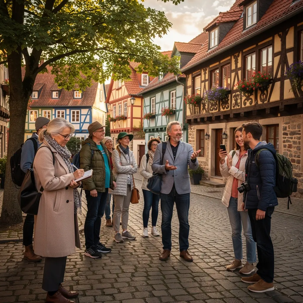 Ein malerischer Straßenblick in einer historischen Altstadt mit alten Fachwerkhäusern.