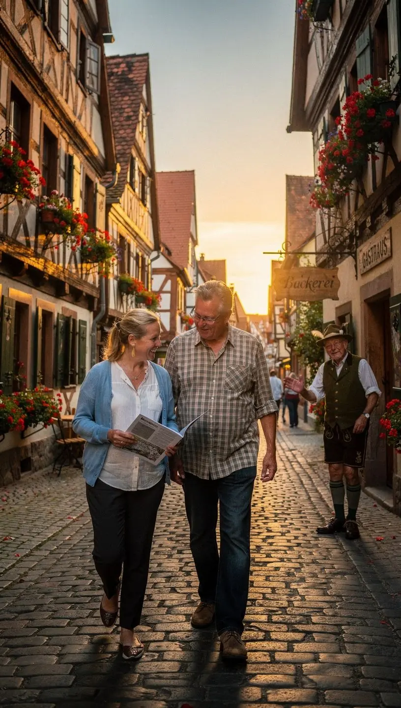 Ein markanter Platz mit einer Statue, umgeben von historischen Gebäuden und Blumenbeeten.